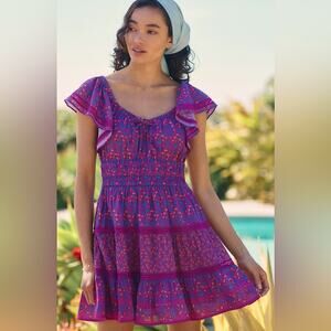 Roller Rabbit Floral Cotton Mini Dress Tiered Elastic Waist Pink Size Medium